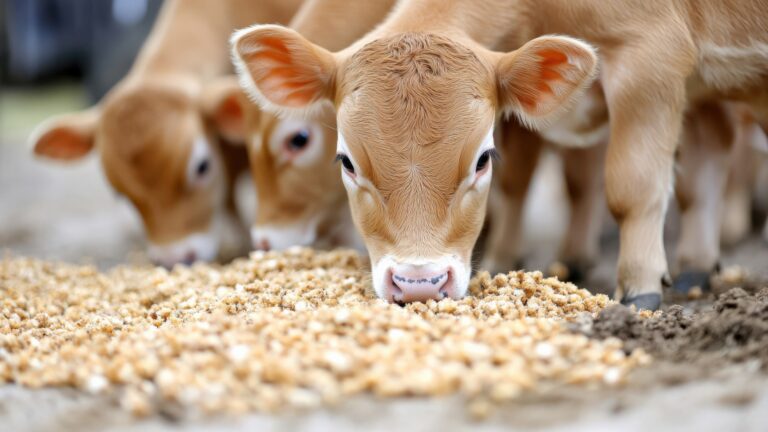 Frühlingsfütterung: Nahaufnahme von fressenden Kälbern auf einem Bauernhof für Agrarmedien